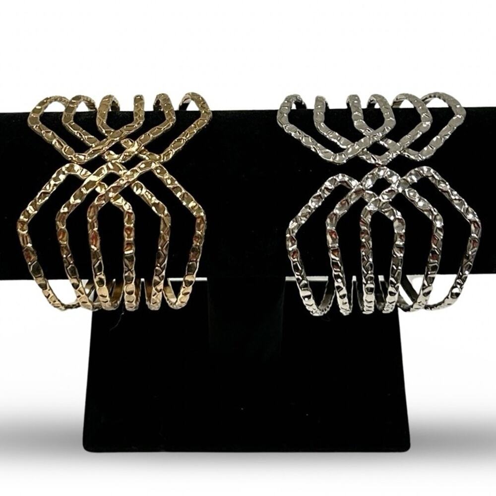 LOT OF 2 Hinged Cuff Bracelets 8.5" Hammered Metal Chunky‎ Costume Stacked